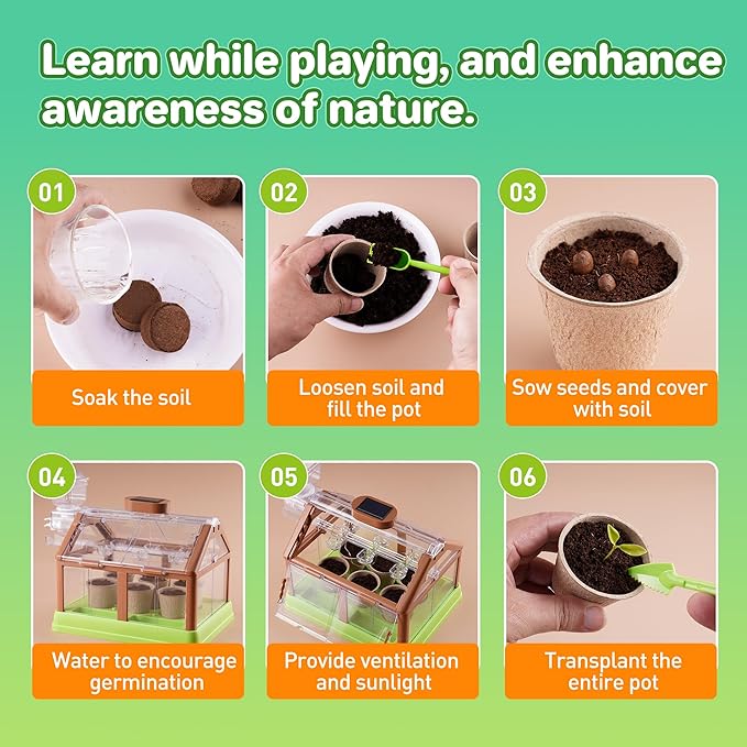 Subtoy Kids Plant Growing Kit, Gardening Kit with Greenhouse, Indoor Gardening Set with Grow Solar Lights, Flower Grow Room with Science Irrigation kit, Plant Growing Kit for Childrens