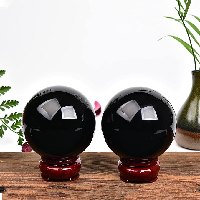 JIC Gem Small Black Obsidian Sphere Crystal Ball with Wooden Stand for Fengshui Healing Meditation Decoration (60-70mm)