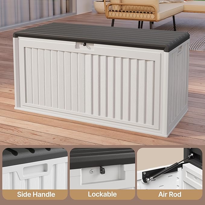 Gizoon 100 Gallon Deck Box, Resin Outdoor Storage Box with Lockable Lid, Waterproof and UV Resistant, Perfect for Storing Patio Mats, Garden Tools, Home and Outdoor Organization