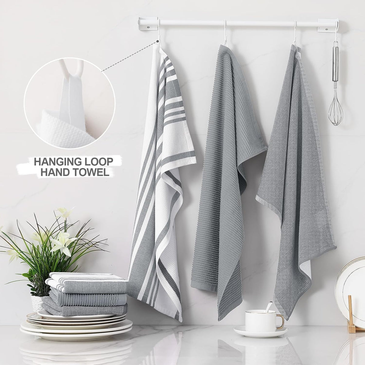 Homaxy Premium Kitchen Towels(18”x 28”, 12 Pack), Large Cotton 380 GSM Kitchen Hand Towels, Soft and Absorbent Terry Dish Towels, Multipurpose Tea Towel Set with Hanging Loop, Grey