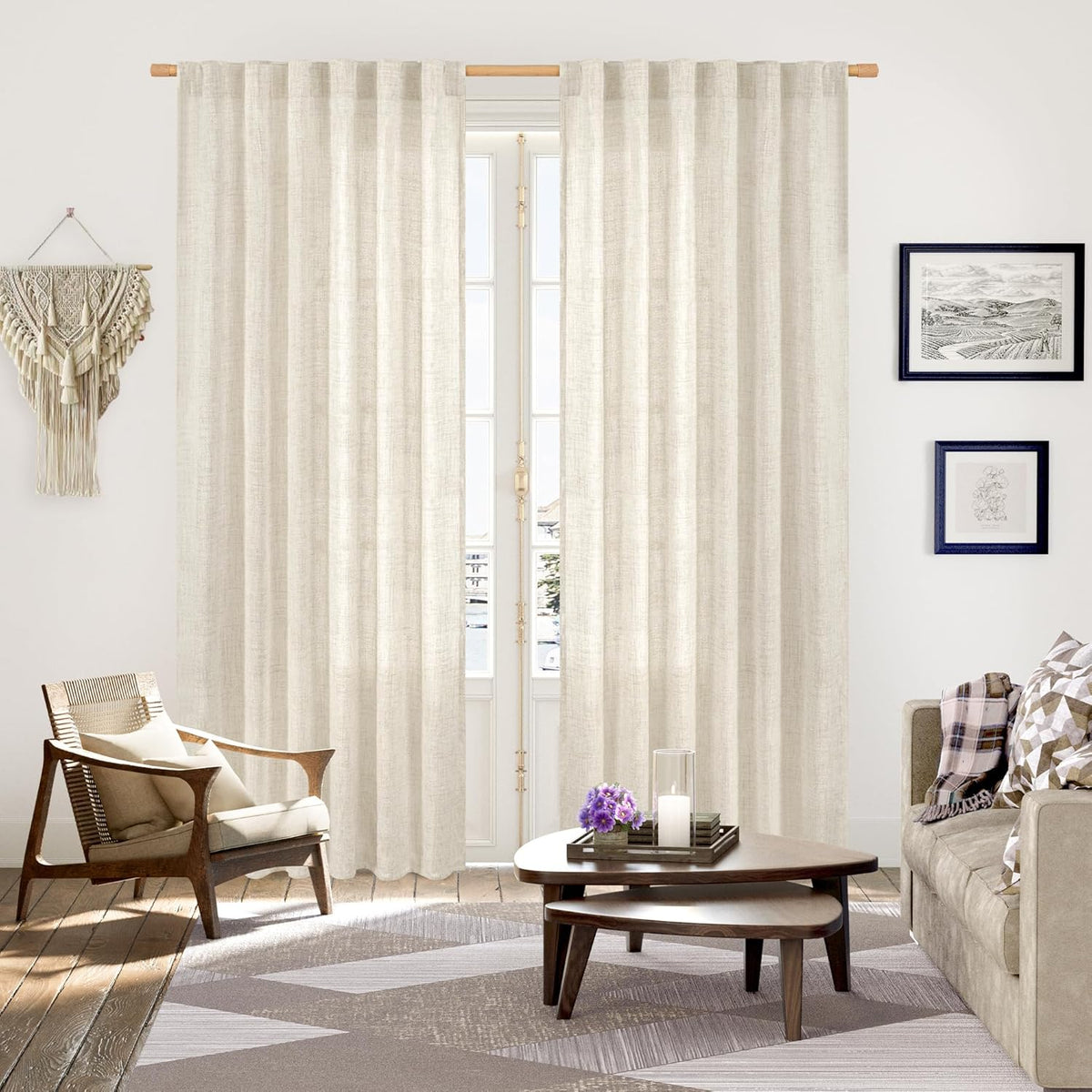 YoungsTex Linen Curtains 80 Inch Length for Living Room, Light Filtering Semi Sheer Drapes with Back Tab Rod Pocket for Bedroom Farmhouse Cream Textured Window Treatments, 2 Panels, 52 X 80 Inch