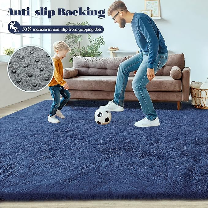 2x6 Runner Rug for Bedroom: Fluffy Shag Soft Washable Rugs Small Fuzzy Plush Indoor Carpet for Hallway Bedside Dorm Kids Girls Boys Room (Navy Blue, 2'x6')