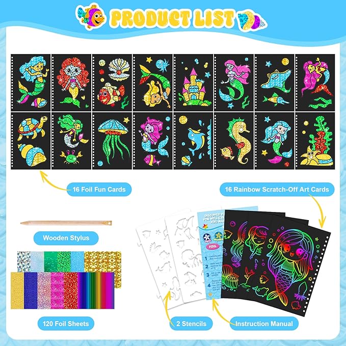 homicozy Art & Craft Activity for Kids - Foil Fun Mermaids & Scratch Art Book 2-in-1, No Mess Art Crafts for Girls,DIY Creative Activity Kit,Gifts for Girls Ages 4, 5, 6, 7, 8, 9, Travel Toys