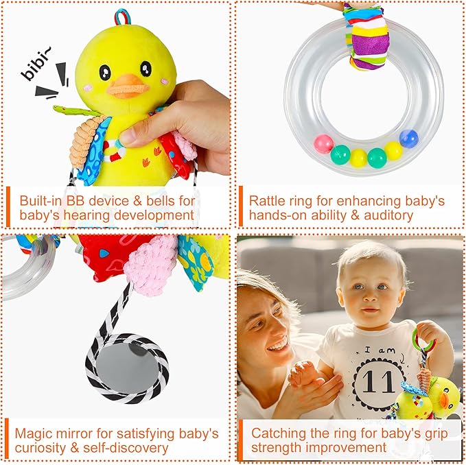 Baby Stroller Car Seat Toys for Infant with Teether Hanging Rattle, Clip on Stroller, Soft Plush Baby Toys for Boys and Girls 3-12 Months