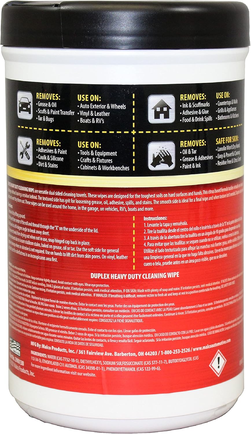 Malco Duplex Heavy Duty Cleaning Wipes for Home and Auto - Dual Sided Textured, Wet Wipe/Removes Grease, Tar, Paint, Oil, Dirt/No Residue/Safe for Hands/Made in USA (130 Wipes)