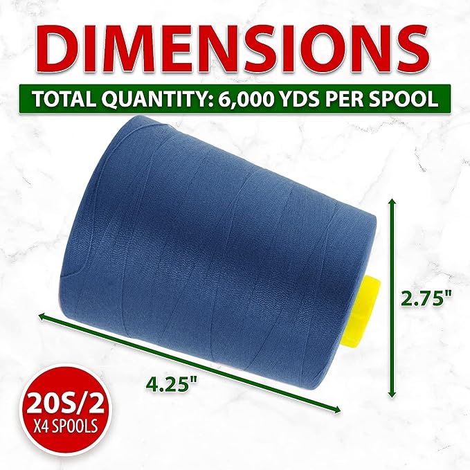 Mandala Crafts 4 Pack of Serger Threads Cones Spools - 20S/2 24000 Yards Polyester Denim Threads for Sergers Machine and Overlock Quilting Sewing Machine