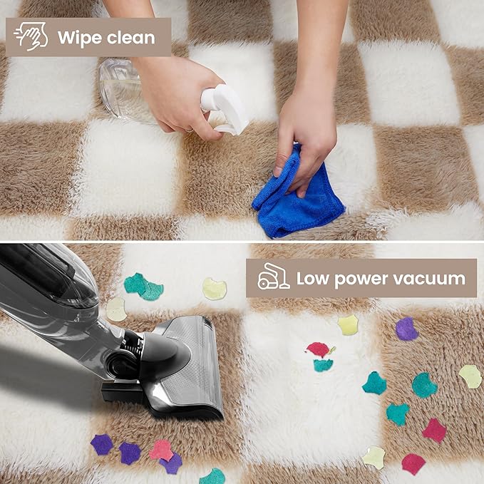 Super Soft Rug for Bedroom, 5x8 Ft Beige and White Area Rug Classic Checkered Shaggy Anti-Skid High Pile Soft Fluffy Rug Fuzzy Carpet for Living Room Bedroom Kids Room Nursery, Dorm Home Decor