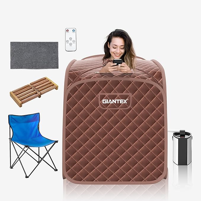 Giantex Portable Sauna, Sauna Box 3L Steam Box Remote Control, 9 Adjustable Temperature & Timer, Foot Roller, Mat & Foldable Chair, Steam Sauna for Single Person, Personal Sauna Tent for Home, Coffee