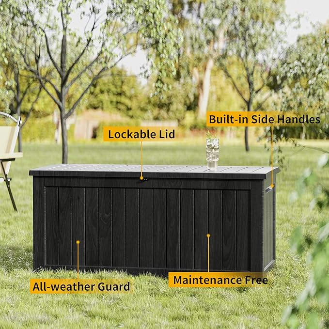 270 Gallon Waterproof Large Resin Deck Box Indoor/Outdoor Lockable Storage Container and Seating for Garden, Pool, and Patio (270 Gallon, Black)