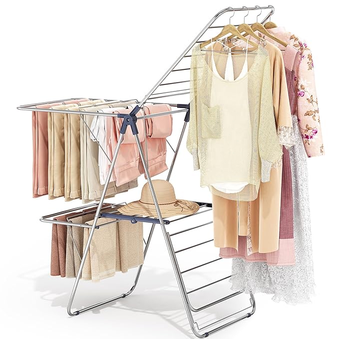 APEXCHASER Clothes Drying Rack with 4 Wings, Stainless Steel Drying Rack Clothing with Height-Adjustable, Foldable Gullwings Laundry Drying Rack, Indoor Outdoor Use, No Assembly, Blue