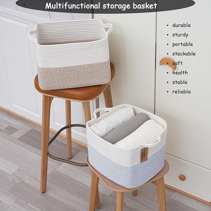 COMFY-HOMI 3PACK Cotton Rope Square Baske with Handles for Shelves|Dog Toy Baske Bin and Storage|Baby Baske for Gift|Shoe Baske for Organizing|13.5" x 11" x 9.5" for Living Room（White/Blue）