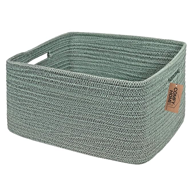 COMFY-HOMI Cotton Rope Woven Basket with Handles for Shelves,Toys,Book, Cloth Storage Baskets for Organizing-17" x 13" x 7.5" Toy Decorative Organizer for Living Room, Bathroom （Green）