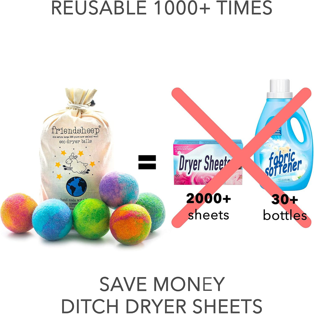 Friendsheep Wool Dryer Balls, Organic Reusable Fabric Softener Alternative for Laundry, Handmade, Fair Trade, Hypoallergenic, Eco-Friendly, Plastic-Free (6 Pack XL - Galxy Tie Dye)