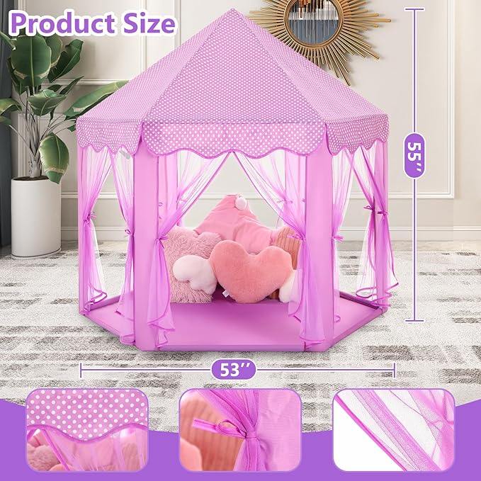 Monobeach Princess Tent Girls Large Playhouse Kids Castle Play Tent with Star Lights Gift Toy for Children Indoor and Outdoor Games, 55'' x 53'' (DxH) (Purple)