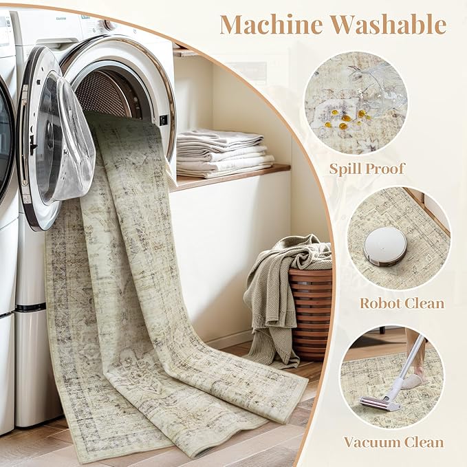LIVEBOX Entryway Rug 3x5 Washable Area Rugs for Kitchen Bathroom, Non-Slip Front Door Mat for Bedroom, Boho Low-Pile Carpet Farmhouse Throw Indoor Mats for Bath Laundry Room, Tan