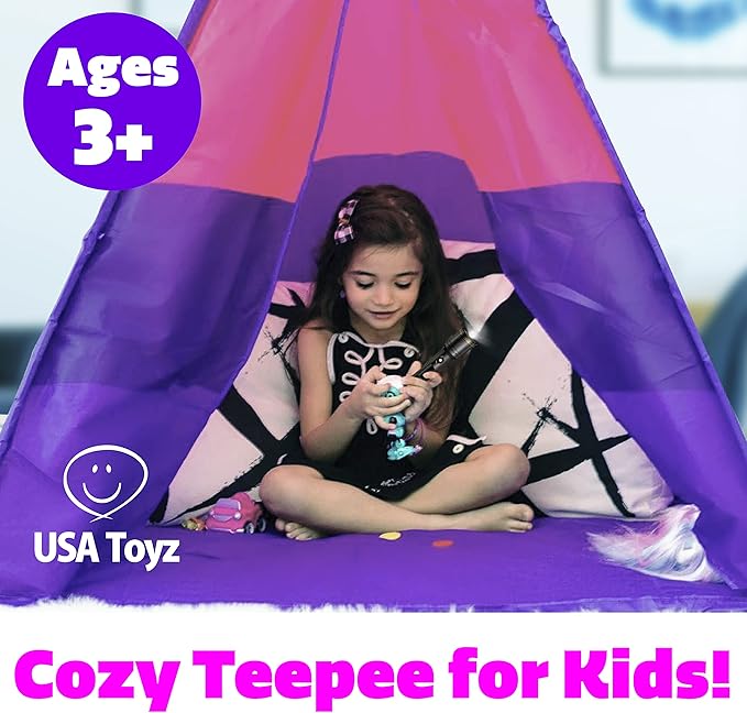 USA Toyz Happy Hut Teepee Tent for Kids - Indoor Pop Up Teepee Kids Playhouse Tents for Boys, Girls, Toddlers with Portable Storage Bag (Pink)