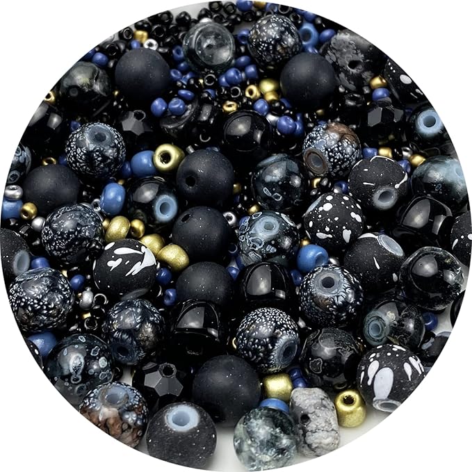 Assorted Glass Resin Beads Multi Size Colors Smooth Cracked Gravel Millet Spacer Beads for Bracelets Necklace Earring DIY Jewelry Making Craft(Black Series)