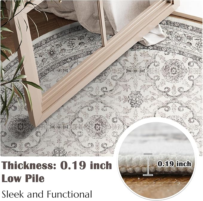 jinchan Round Rug 6ft Washable Circle Soft Rug - Low Pile Vintage 6'Round Indoor Beige Floral Print Stain Resistant Boho Carpet Ultra-Thin Non-Slip for Living Room Nursery Bedroom Dining Room Kitchen