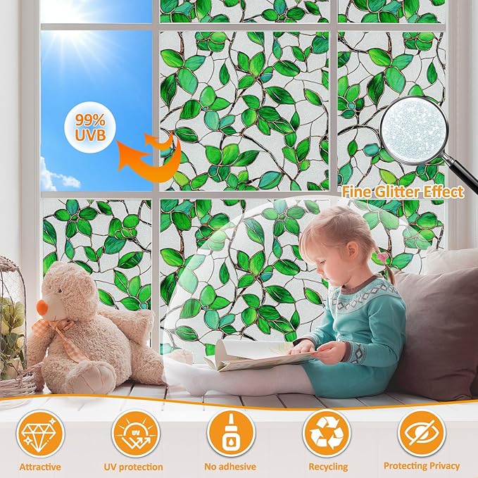 Window Privacy Film Stain Glass Window Film Rainbow Window Film Window clings Non-Adhesive Reusable Decorative for Room (Frosted Greenery Leaf, 23.6 x 78.7 in)