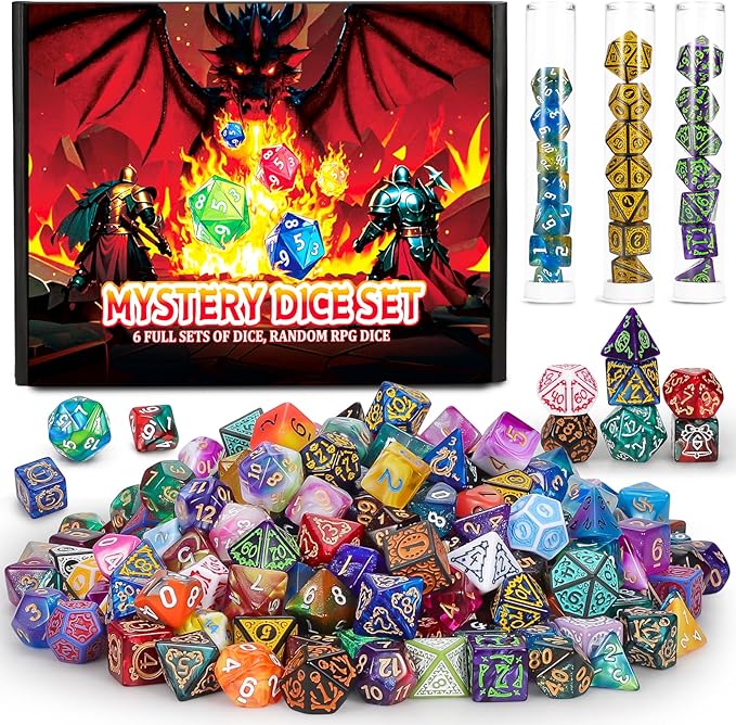 QMAY Mystery Dice Box - 48PCS DND Dice Set, Random Dice Patterns, 6 Surprise Boxes, Polyhedral Dice with Dice Display Tube, D&D Gifts Box for Dungeons and Dragons, RPG, MTG,Role Playing Table Game
