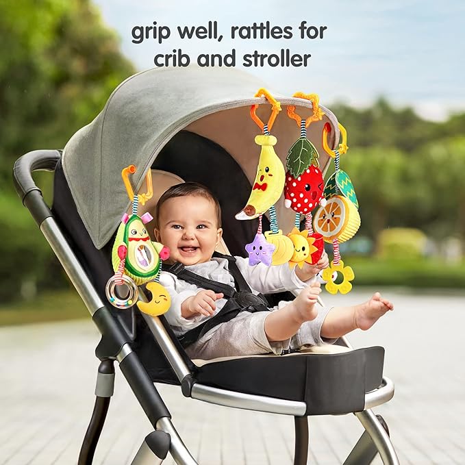 TUMAMA Baby Toys for 3 6 9 12 Months,Hanging Fruit Rattles Avocado,Banana,Orange and Strawberry,Stroller Mobile Toys,Plush Soft Rattles for Boys,Girls Christmas Gifts,4 Pack