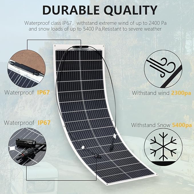 Flexible Solar Panel 100W 12V Monocrystalline Solar Cell Fiberglass Lightweight Bendable Charge for RV Trailer Boat Cabin Van Car Uneven Surfaces (White)