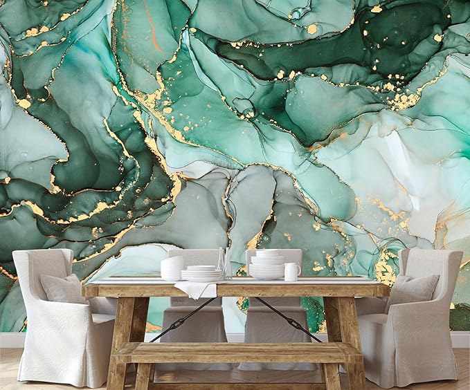 Green Marble Wallpaper Abstract Fabric Wall Mural for Living Room Bedroom Dining Room Basement(Not Self-Adhesive)
