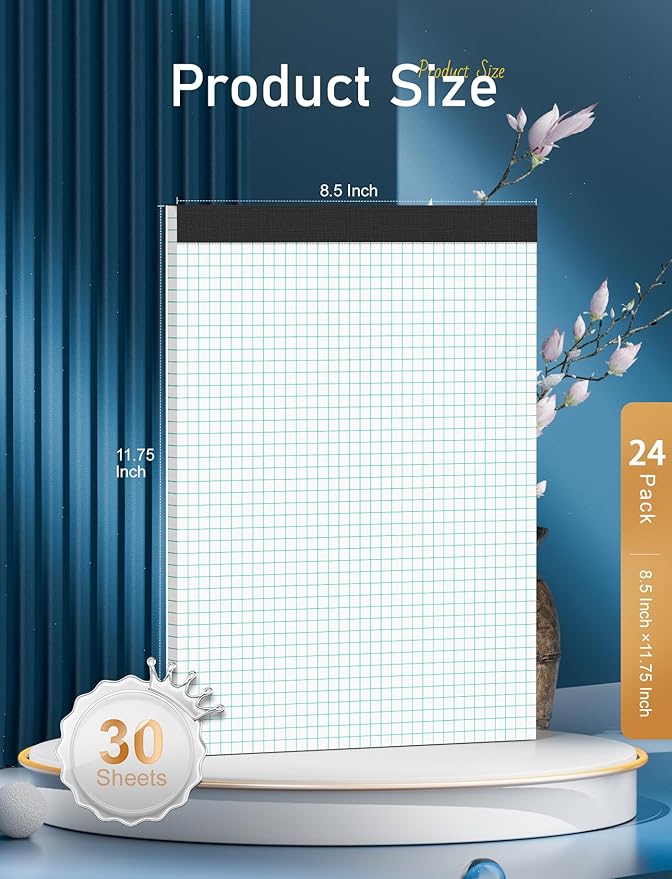 Graph Paper Pad 8.5 x 11, 24 Pack, 4x4 Graph Ruled, Grid Paper Pad 8-1/2" x 11", Blueprint Quadrille Pad, Easy Tears Off, Grid Pad Notebook 8.5 x 11, White 70 GSM Graft Paper, 30 Sheets/Pad