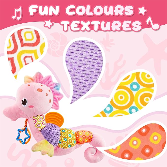 Baby Toys 0 to 12 Months, Musical Stuffed Animal Activity Soft Toys with Multi-Sensory Crinkle, Rattle and Textures,Infant Tummy Time Toys for Newborn Girls, Seahorse, Pink