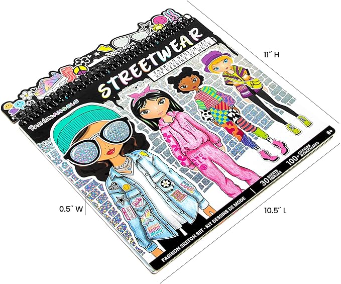 Fashion Angels Streetwear Design Portfolio, Includes 30 Sketch Sheets, Stencil Sheets, Stickers & Inspiration Guide, Ideal Drawing Kit for Girls Ages 6+