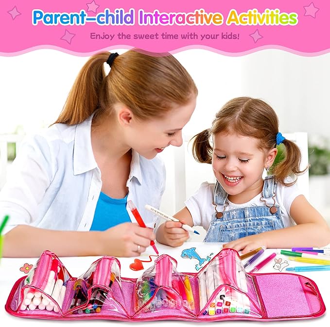beefunni Unicorn Washable Markers Set 48 pcs with Glitte Pencil Case, Art Supplies for Kids Ages 4-6-8, Arts Crafts Coloring Set with Stickers - Birthday Gifts for Girls 4 5 6 7 8 9 Year Old
