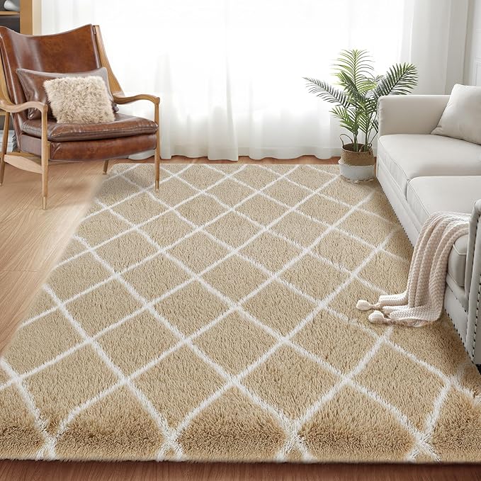 Fluffy Rug for Bedroom, 8X10Feet Stripe Checkered Rug Anti-Skid High Pile for Living Room Bedroom Kids Room Nursery, Dorm Home Decor