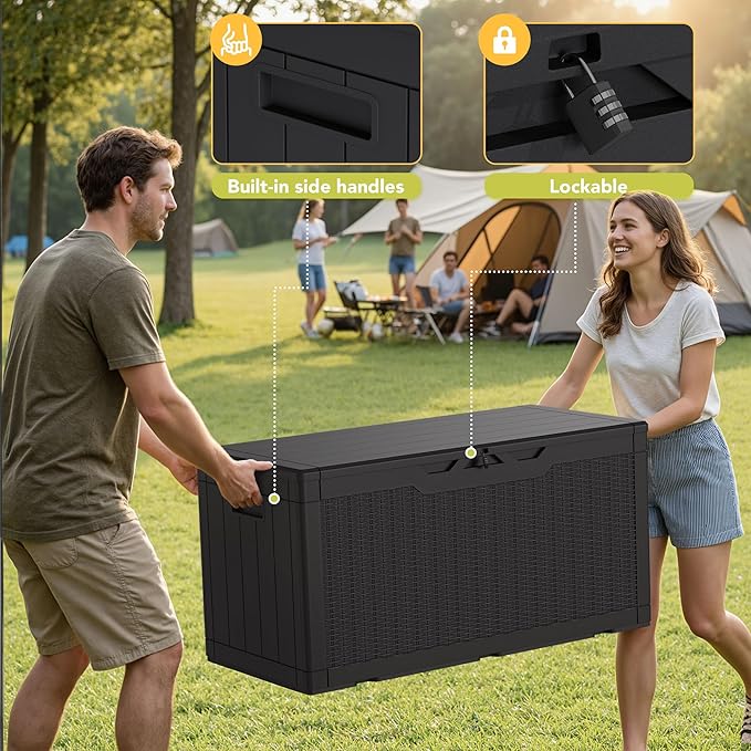 Greesum 100 Gallon Resin Deck Box Lockable Large Outdoor Storage Boxes for Garden Tools, Patio Furniture Cushions, Pool Supplies, Black