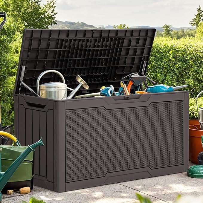 YITAHOME 80 Gallon Resin Deck Box, Weather Resistant Outdoor Rattan Storage Box, Lockable Indoor Outdoor Storage for Supplies and Essentials, Dark Brown