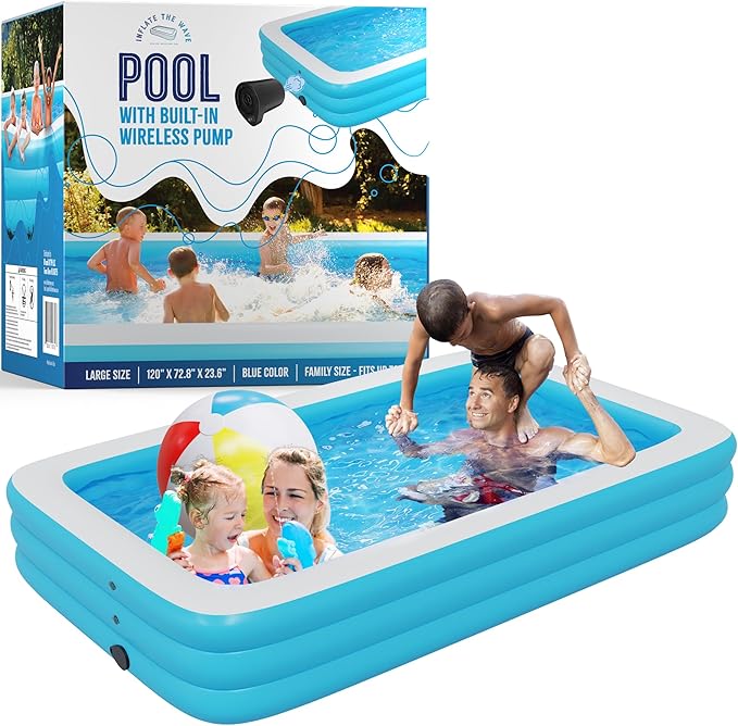 Blue Inflatable Swimming Pool (120" x 72.8" x 23.6") Built-in Air Pump Inflatable Kiddie Pool, Family Pools for Kids and Adults - Self Inflating Backyard Blow Up Pool for Toddlers & Babies (Large)