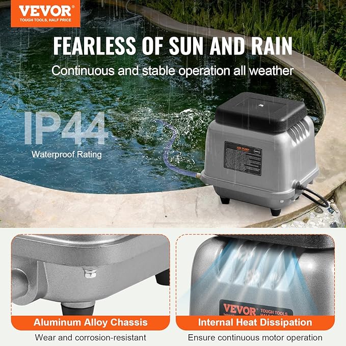 VEVOR Linear Air Pump, 90L/Min Air Flow Septic Aerator Pump, Aeration System for 1/4 Acre 10 FT Deep Ponds, Water Gardens, Waste Treatment, Septic Tanks, Aquariums, Seafood Restaurants, Fish Farms
