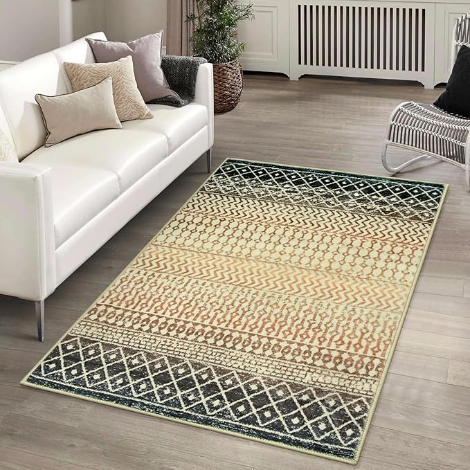 Moroccan Area Rugs 3x5,Ultra Soft Washable Rugs for Living Room, Low-Pile Non-Slip Retro Distressed Brown Rug for Bedroom Entryway Kitchen Home Office Dorm