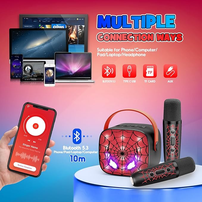 Cool Mini Karaoke Machine Toys: Kids Toys Birthday Gifts Age 3-12+ LED Portable Bluetooth Speaker with 2 Wireless Microphone Gift Toy for 4 5 6 7 8 9 Years Old Girls Boys Kid Adults