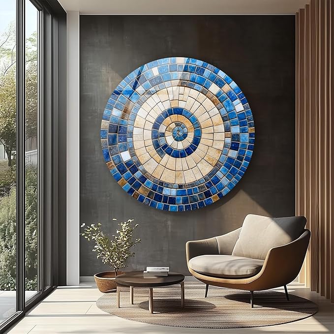 My Photostation.com 15.8''(40cm) Diameter Coastal Sunburst Beige & Blue Round Glass Wall Art Tempered Glass Printing Wall Decor Large Wall Art Wall Hangings