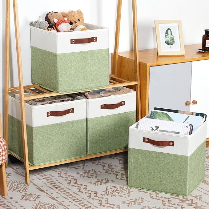 HNZIGE Fabric Cube Storage Bins 13x13 Set of 4 Canvas Storage Baskets for Shelves Collapsible Storage Bins for Organizing Clothes Closet Toy Nursery Cubby(Green&White)