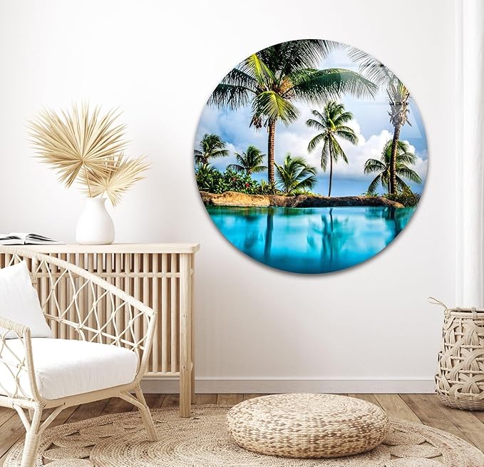 My Photostation.com 28Wx18H'' Island & Blue Sea Glass Wall ArtTempered Glass Printing Wall Decor Large Wall Art Wall Hangings