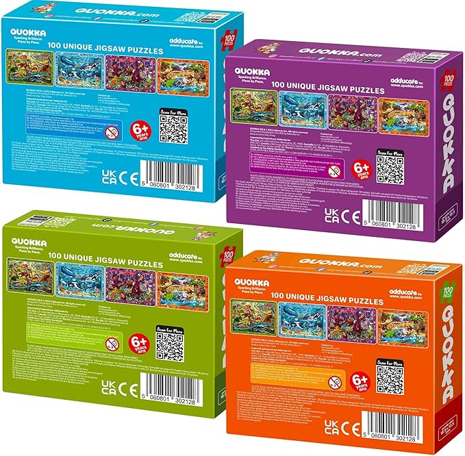 QUOKKA 100 Piece Puzzles for Kids Ages 4-6-4 Jigsaw Puzzles for Kids Ages - Search and Find Game with Animals, Dinosaurs for Childrens 5-8-Learning Educational Toys for Boys and Girls Improved Version