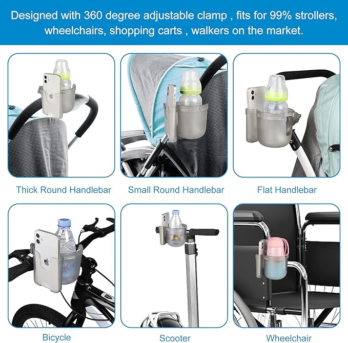 Accmor Stroller Cup Holder with Phone Holder, Bike Cup Holder, Universal Cup Holder for Uppababy Nuna Doona Strollers, 2-in-1 Cup Phone Holder for Stroller, Bike, Wheelchair, Walker, Scooter