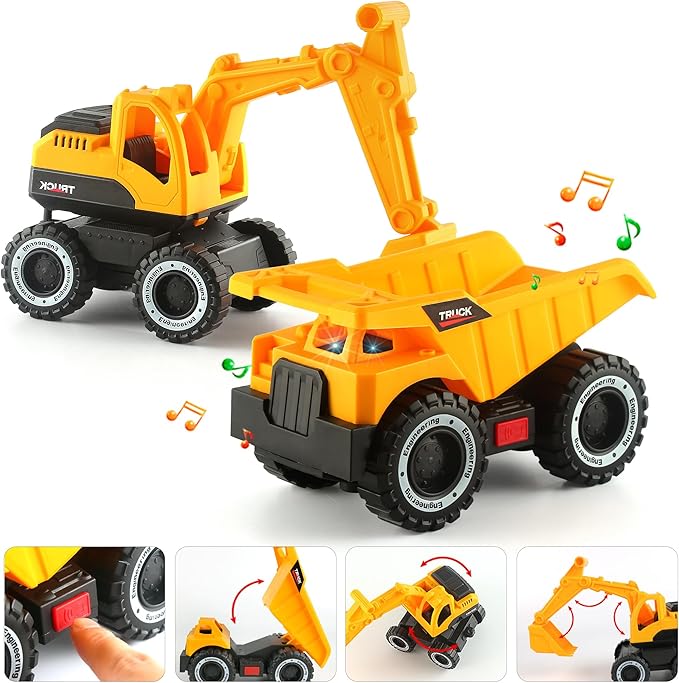 Dwi Dowellin Construction Carrier Truck Kids Toys,25.6" Semi-Trailer Toy with Excavator and Dump Truck,Gifts for Age 3 4 5 6+ Years Old Boys Girls