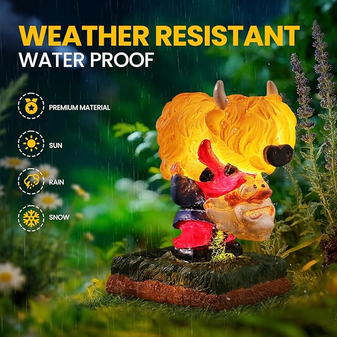 Garden Gnome Statue Highland Cow Gift,Yard Patio Balcony Outdoor Decor Solar Light Figurine, Christmas, Housewarming Gift,Idea Gift for Mom, Neighbor,Gnome Lover