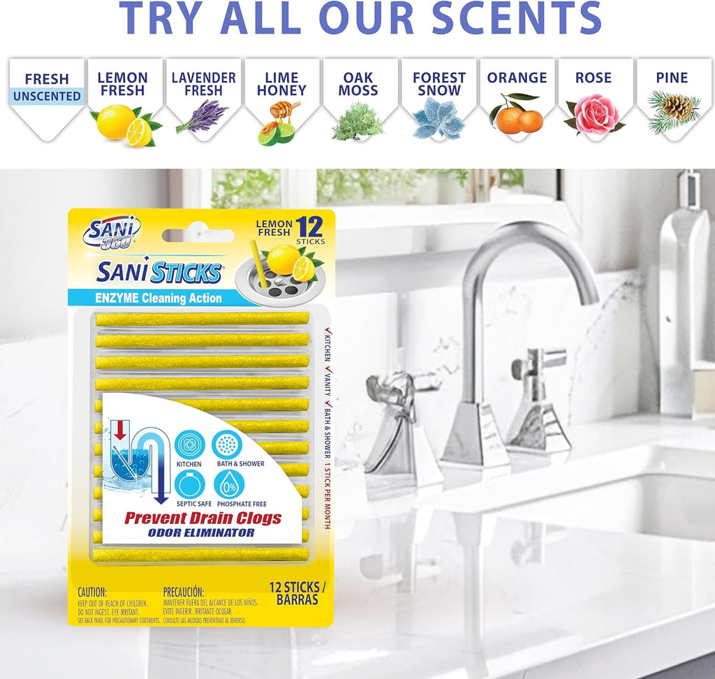 SANI 360° Sani Sticks Drain Cleaner and Deodorizer, 24 Count, Lemon Scent Enzyme Pipe Cleaners, Eliminate Odors, Prevent Clogged Drains, Safe for Sinks, Bathtub Drains, Septic Tanks