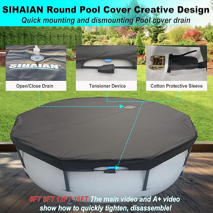 26 Ft Pool Cover, with Automatic Drain Round Pool Cover, One-Piece Quick Installation and Removal Above Ground Pool Cover, Preventing Waterlogging, UV Protected Solar Swimming Pool Cover