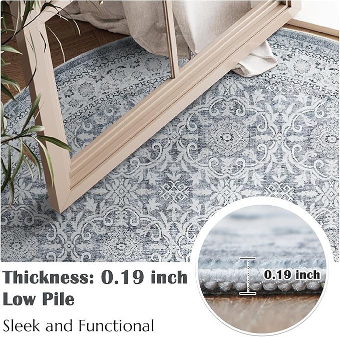 jinchan Round Rug 6ft Washable Circle Soft Rug - Low Pile Vintage 6'Round Indoor Grey Floral Print Stain Resistant Boho Carpet Ultra-Thin Non-Slip for Living Room Nursery Bedroom Dining Room Kitchen