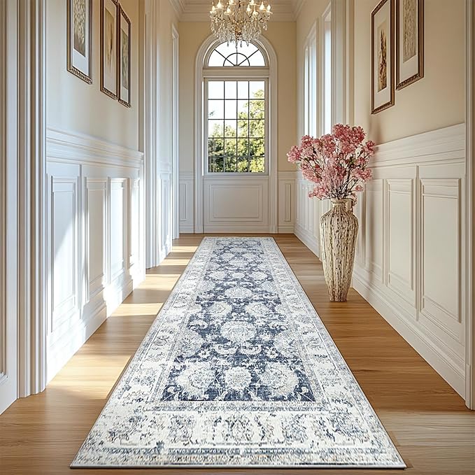 jinchan Long Hallway Runner Rug 2x12 Machine Washable Runner Rug Dark Blue Vintage Floral Design Non-Slip Ultra-Thin for Kitchen Laundry Room Bedroom Farmhouse (2‘x12',Dark Blue)