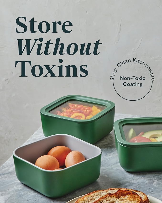 Caraway Glass Food Storage - 10 Cup Glass Container with Ceramic Coated Non-Stick Lids - Easy to Store, Non-Toxic, Dishwasher, Oven, & Microwave Safe